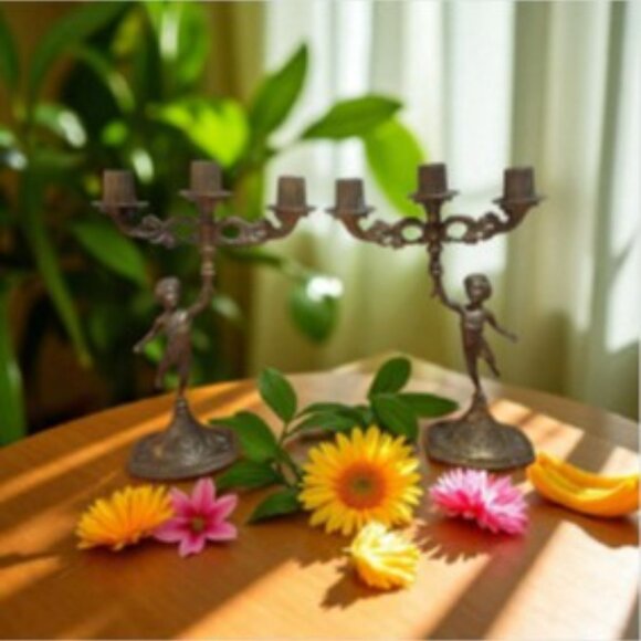 Matching Pair of Vintage Brass Cherub Candelabras - Candlestick Holders - Picture 2 of 15